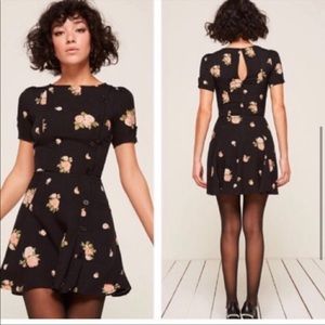 Reformation Katie Black Floral Button Mini A- Line Crew Neck Dress